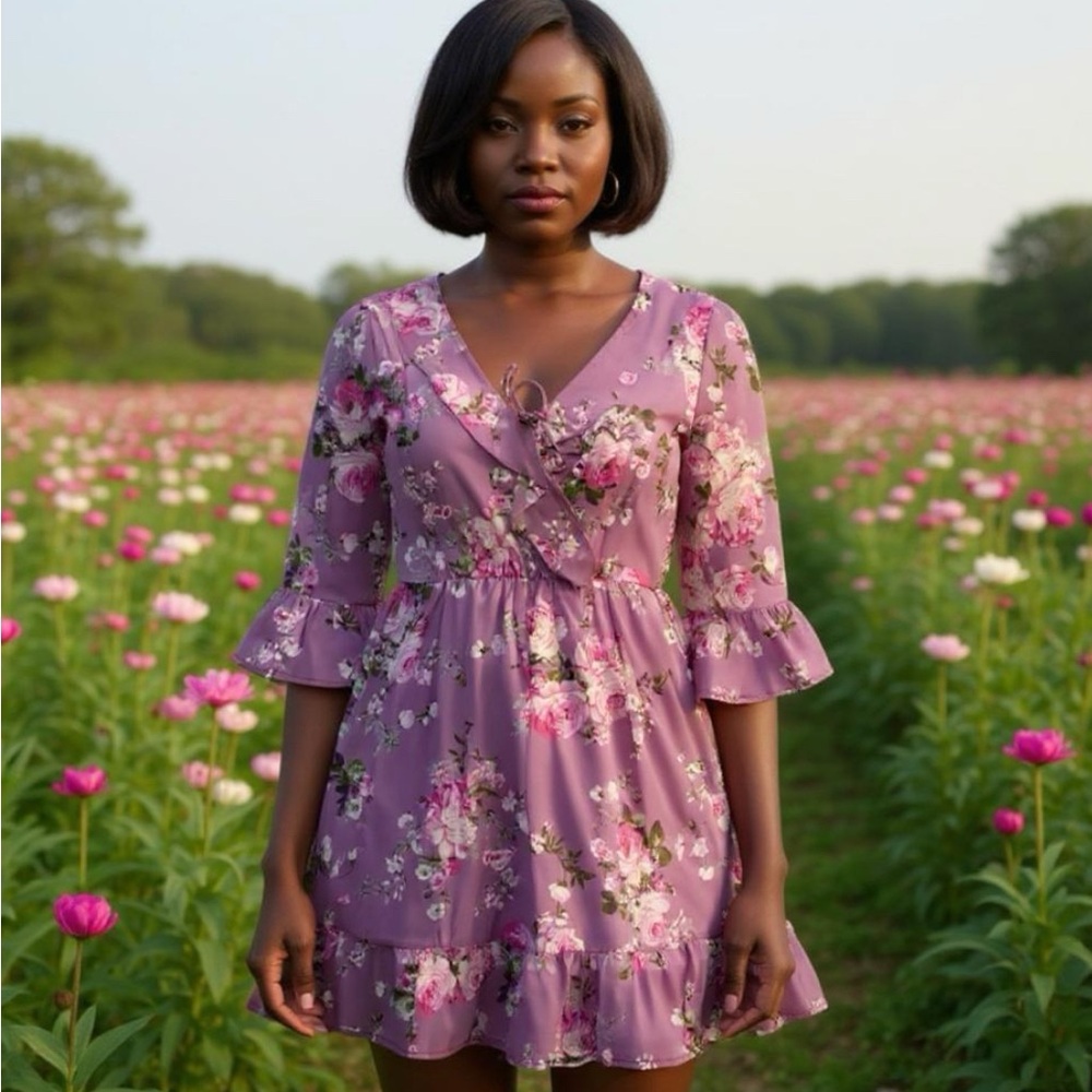 Peach Lane Floral Lavender Rose Boho Mini Dress